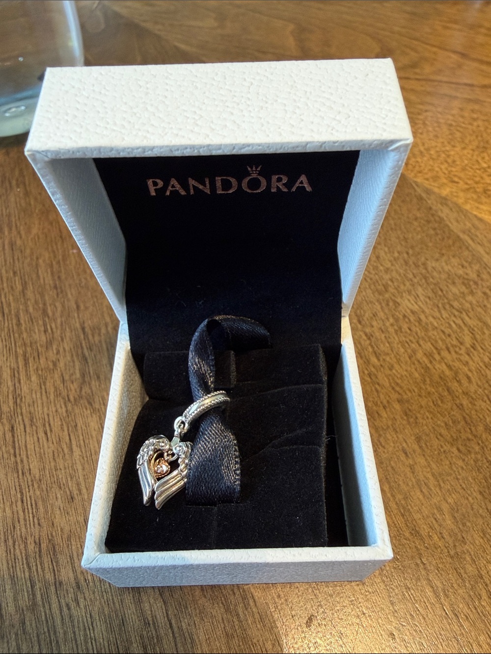 Pandora Silver Angel Wings Pendant with Rose-Gold Heart